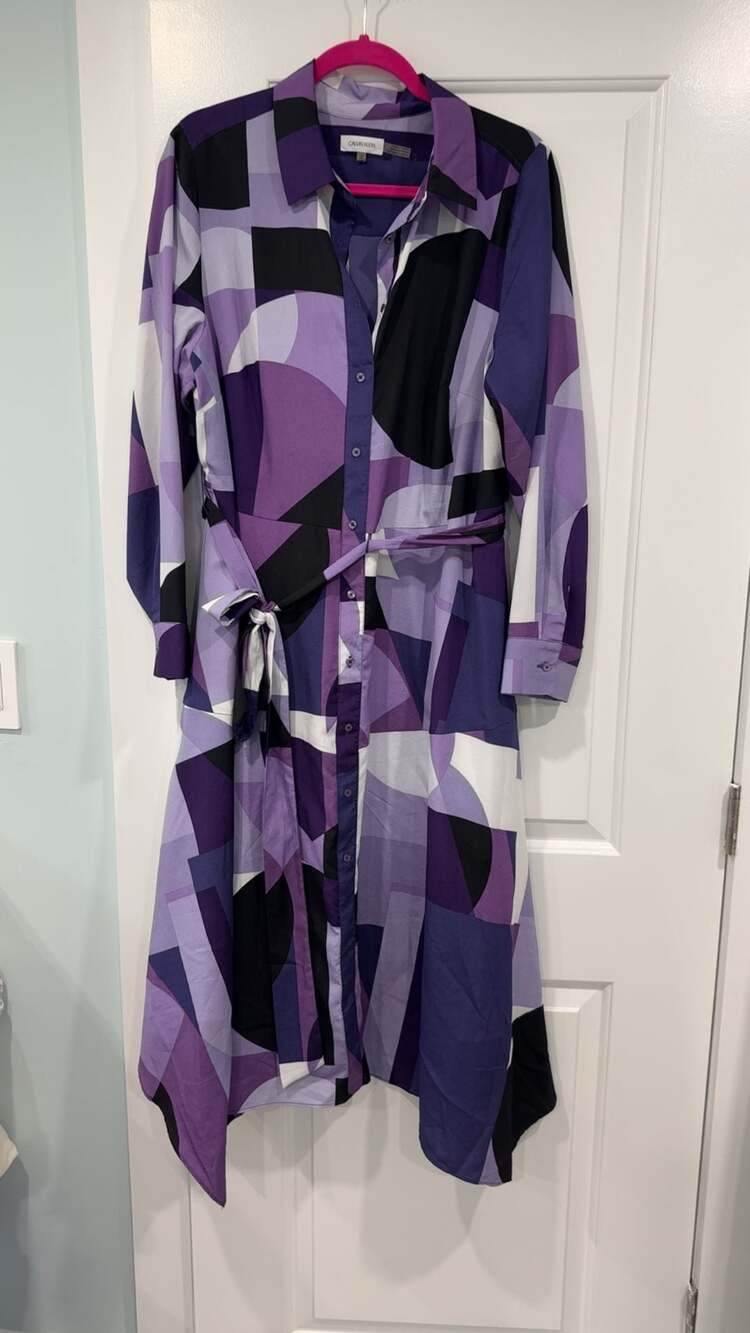 Calvin Klein Geometric Print Long Sleeve Belted Shirt Dress Size 14W